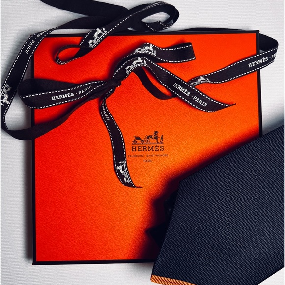 Hermes Other - NEW HERMÈS AUTHENTIC SILK TIE NAVY WITH LOGO  ORANGE TRIM 100% SILK